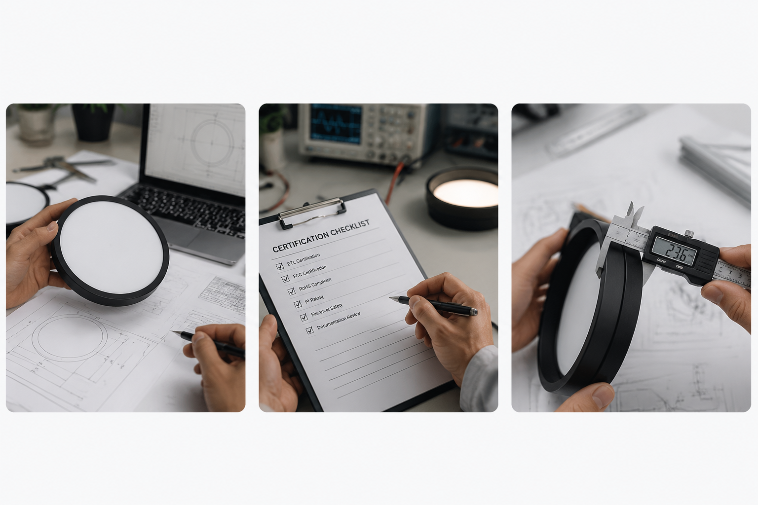 Engineers reviewing LED lighting product development plans