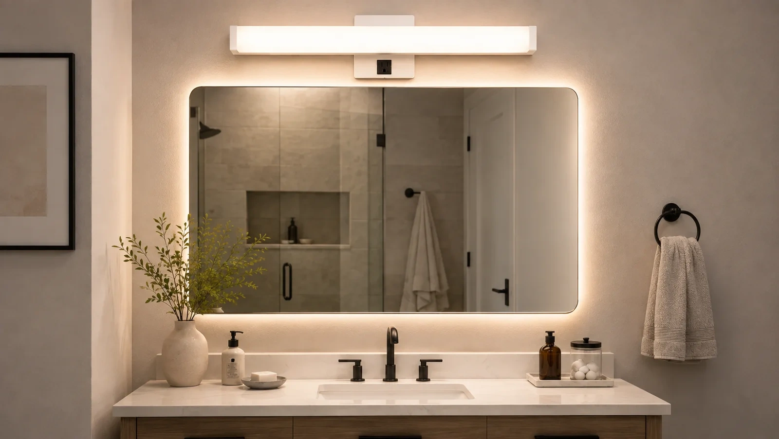 Close-up of frosted diffuser on LED vanity light reducing direct glare