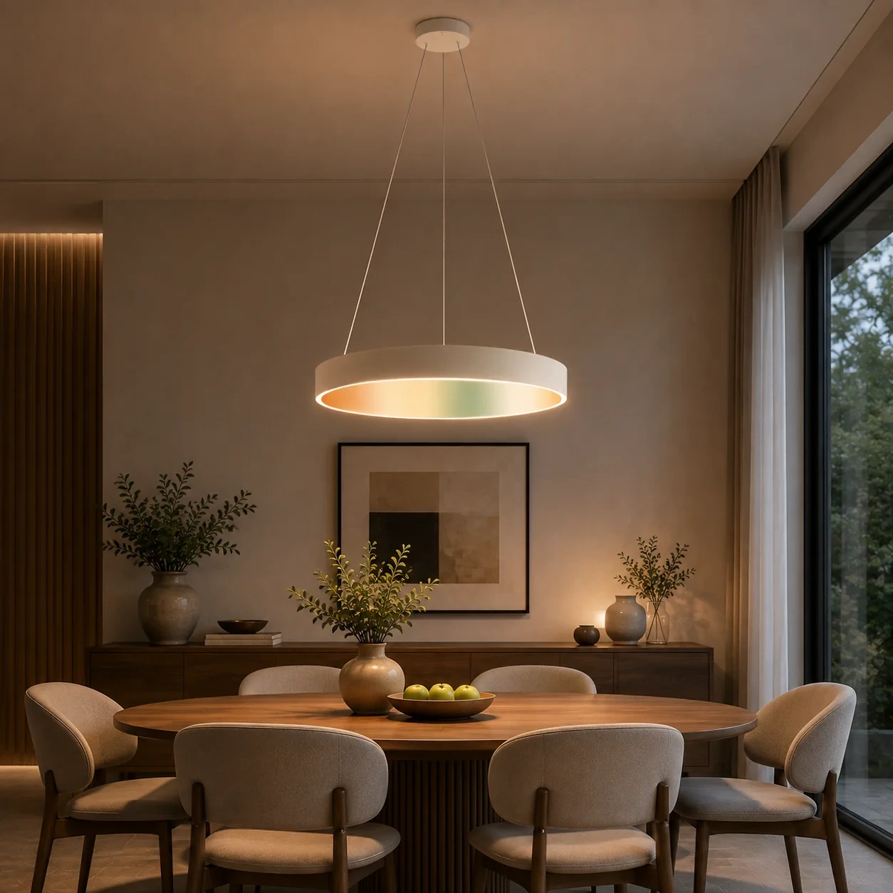 Ring LED pendant light in a commercial lobby