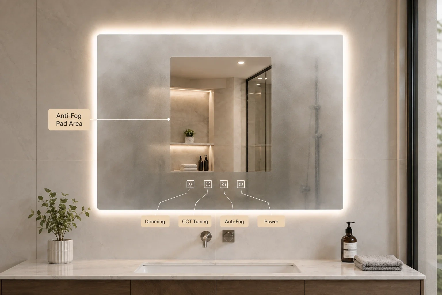 LED mirror touch control for brightness and CCT adjustment