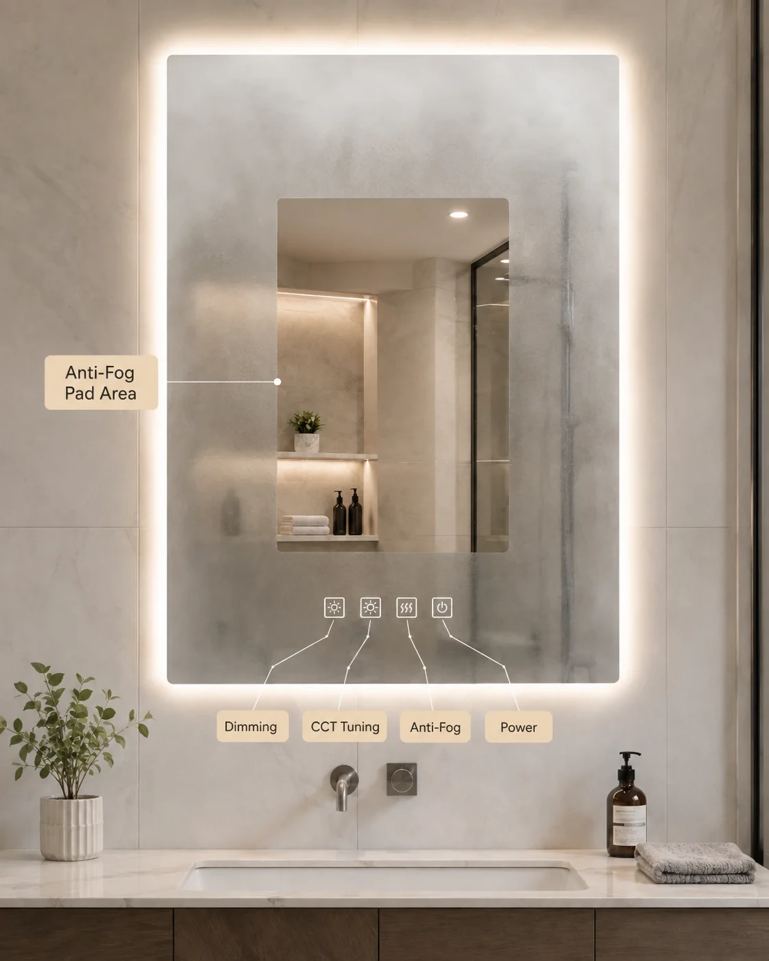 anti fog LED mirror clear area after hot shower