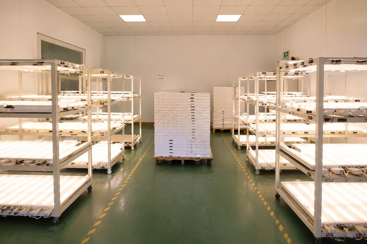 LED fixtures on aging test racks