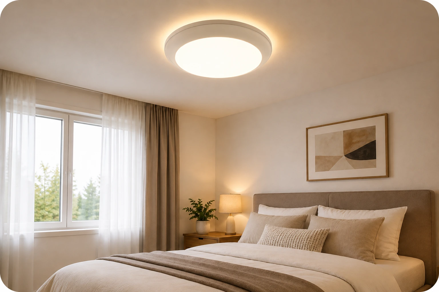 Warm LED ceiling light in a residential bedroom