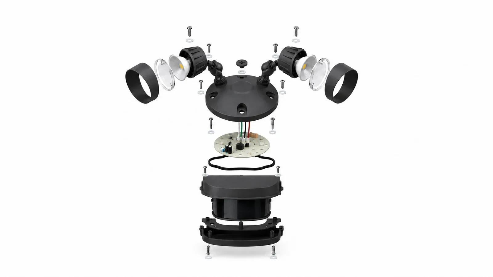 Exploded view graphic of an outdoor LED lighting fixture