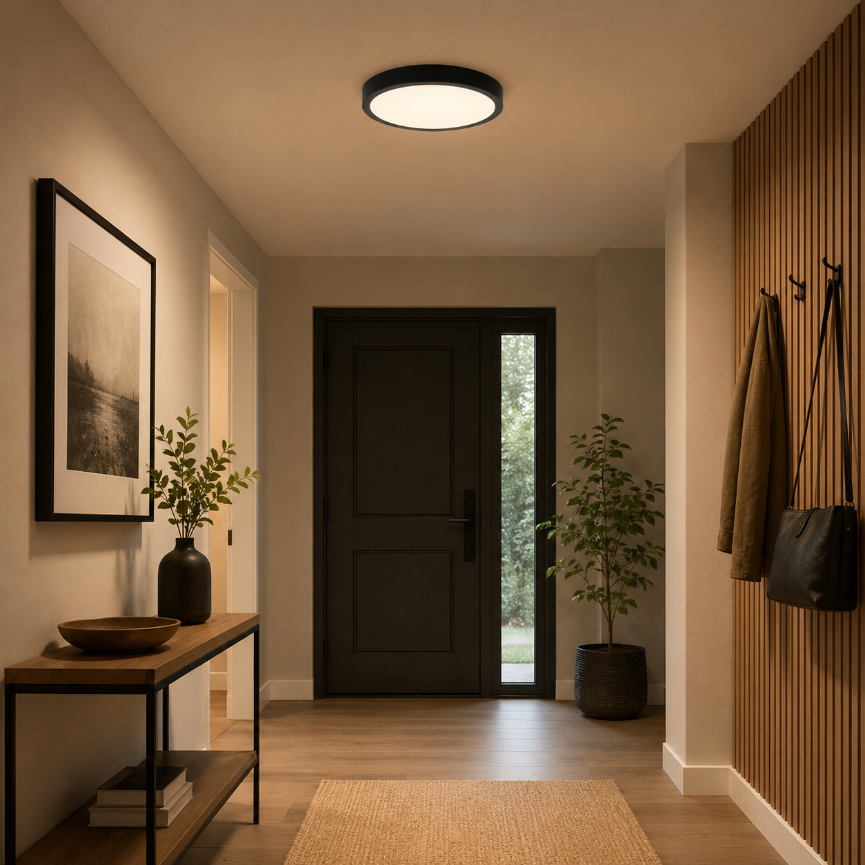 Flush mount LED ceiling lights in a multifamily hallway