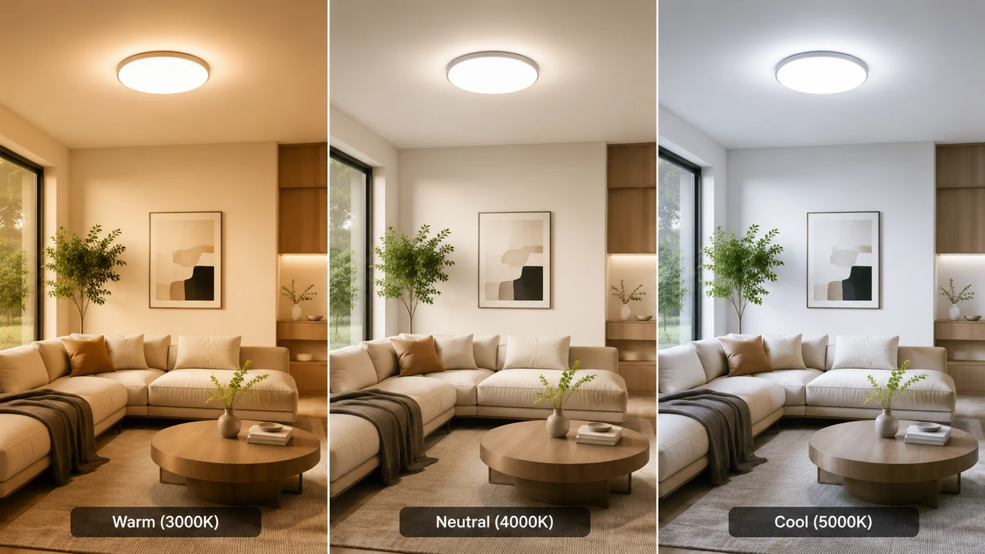 Comparison of 3000K, 4000K, and 5000K color temperatures in the same room