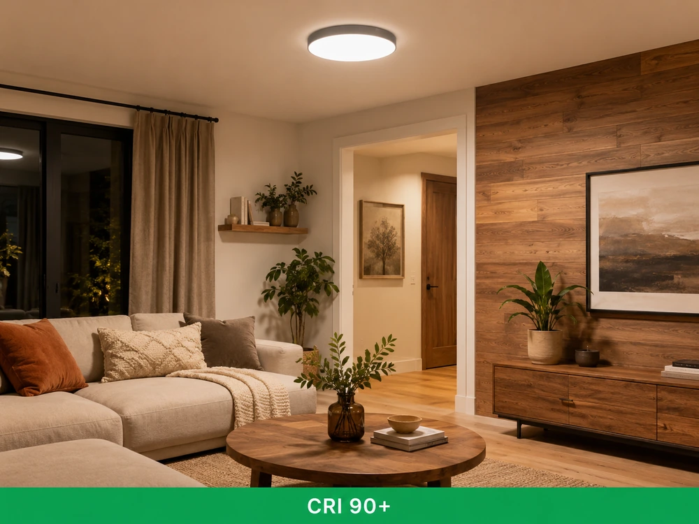 Interior space shown with high CRI 90+ lighting looking vibrant