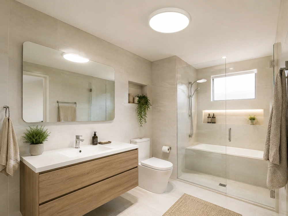 Damp rated LED ceiling fixture in a bathroom