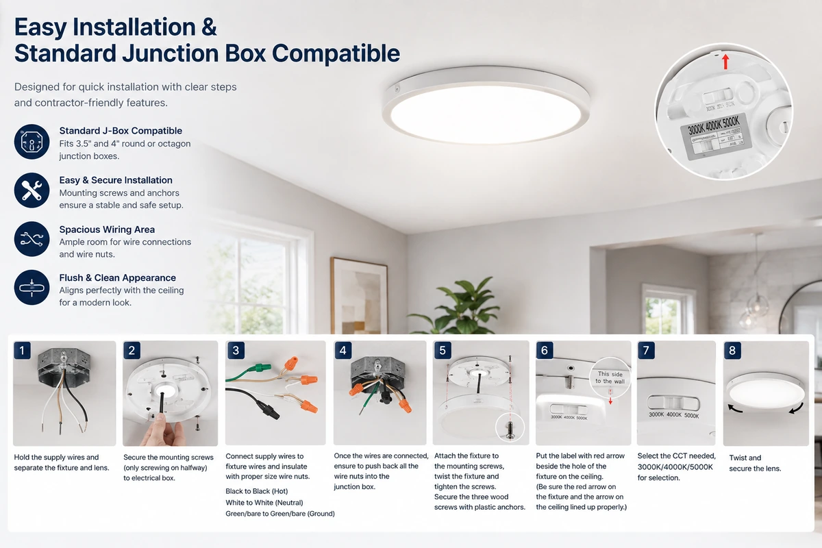 Exploded view technical drawing showing LED ceiling light installation to a junction box