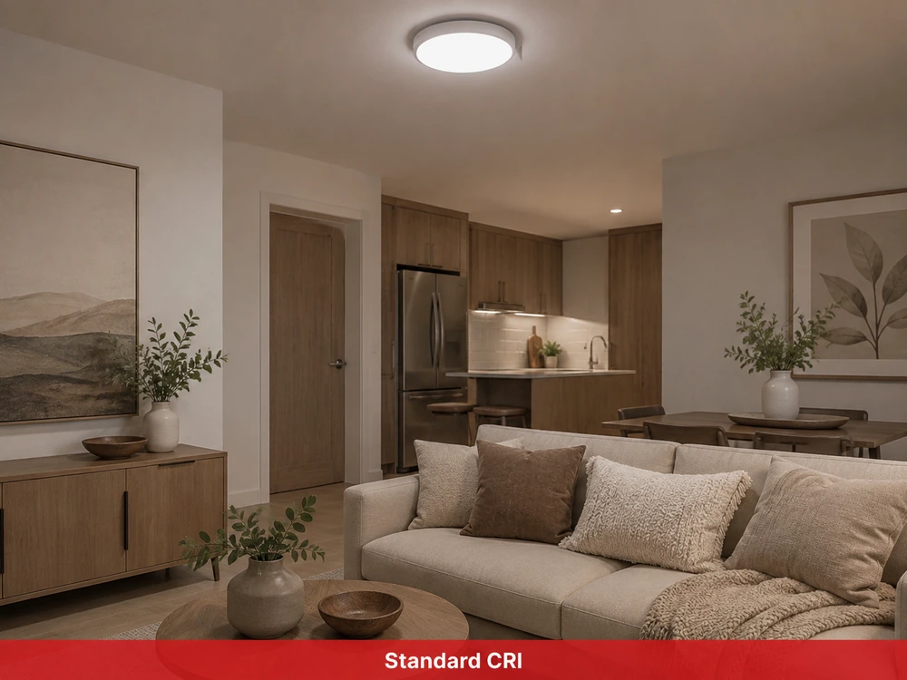 Interior space shown with low CRI lighting looking dull