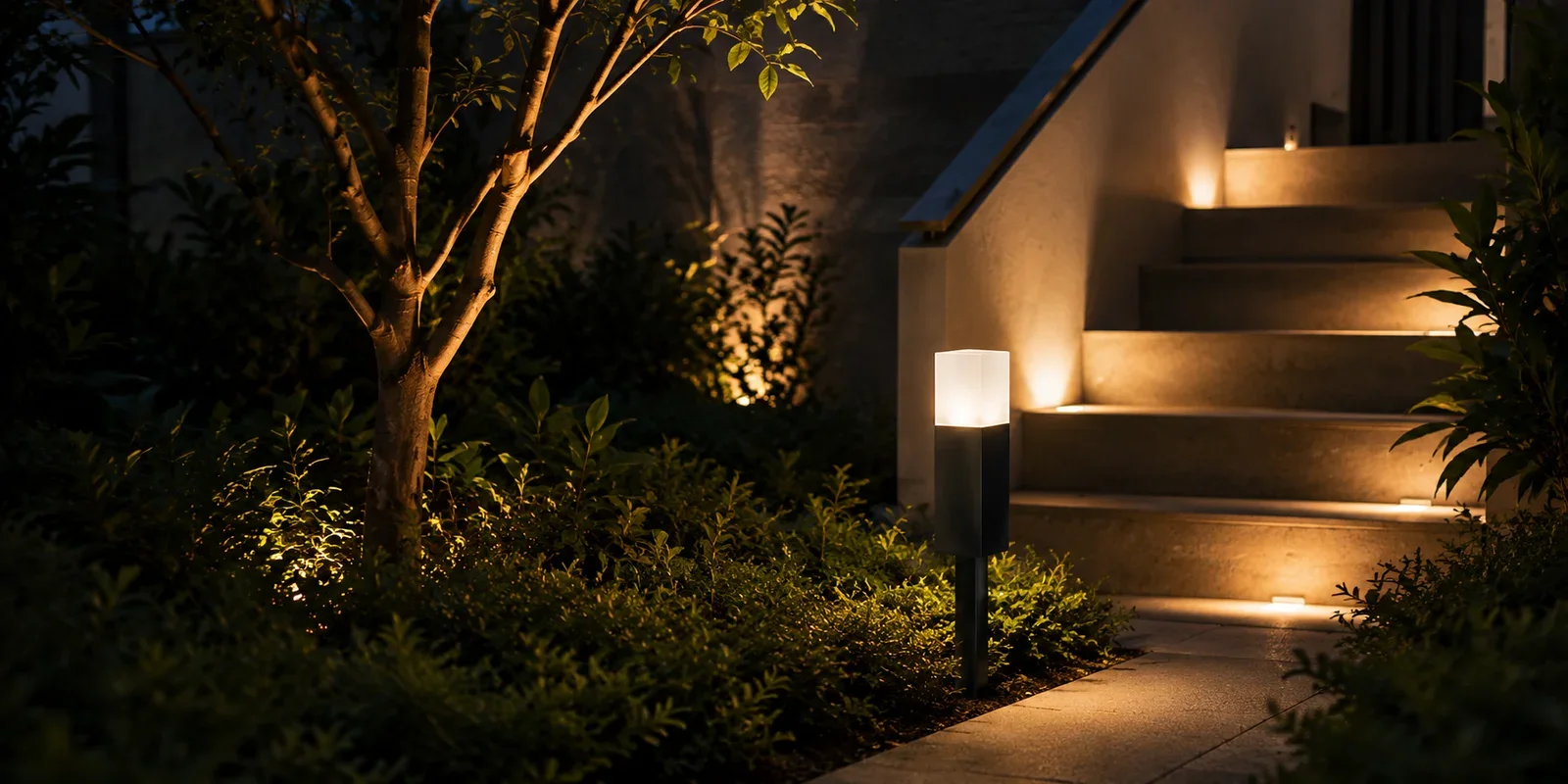 Low voltage LED landscape spotlight in garden