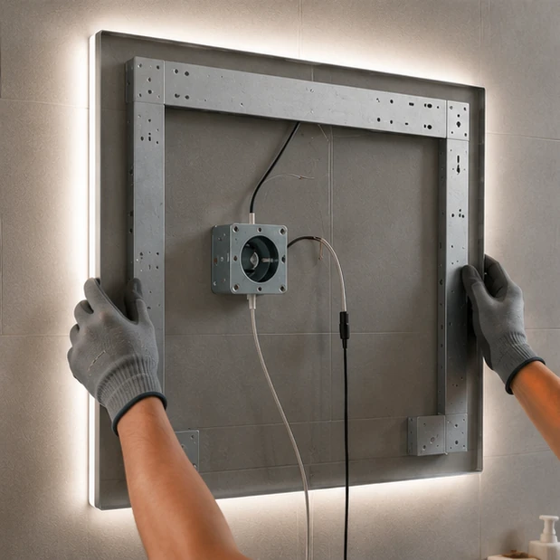 messy wiring and junction box behind LED mirror