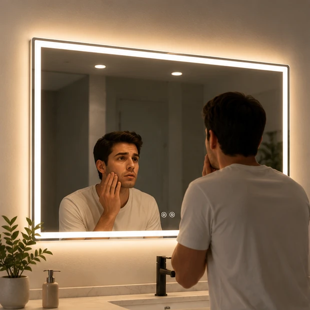 user face shadow in front of poorly lit LED mirror