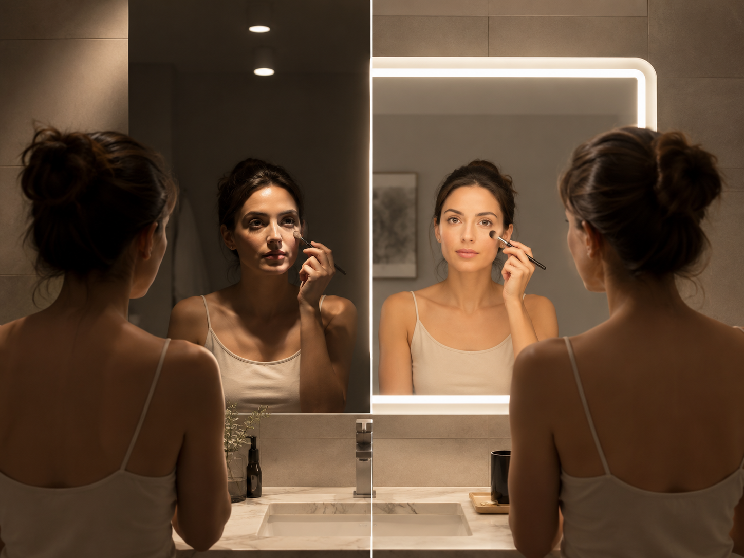facial illumination comparison showing even lighting from front lit LED mirror