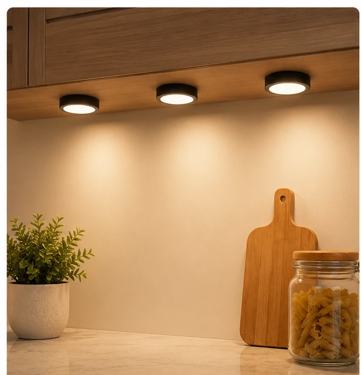 Diffused LED puck light creating soft continuous illumination