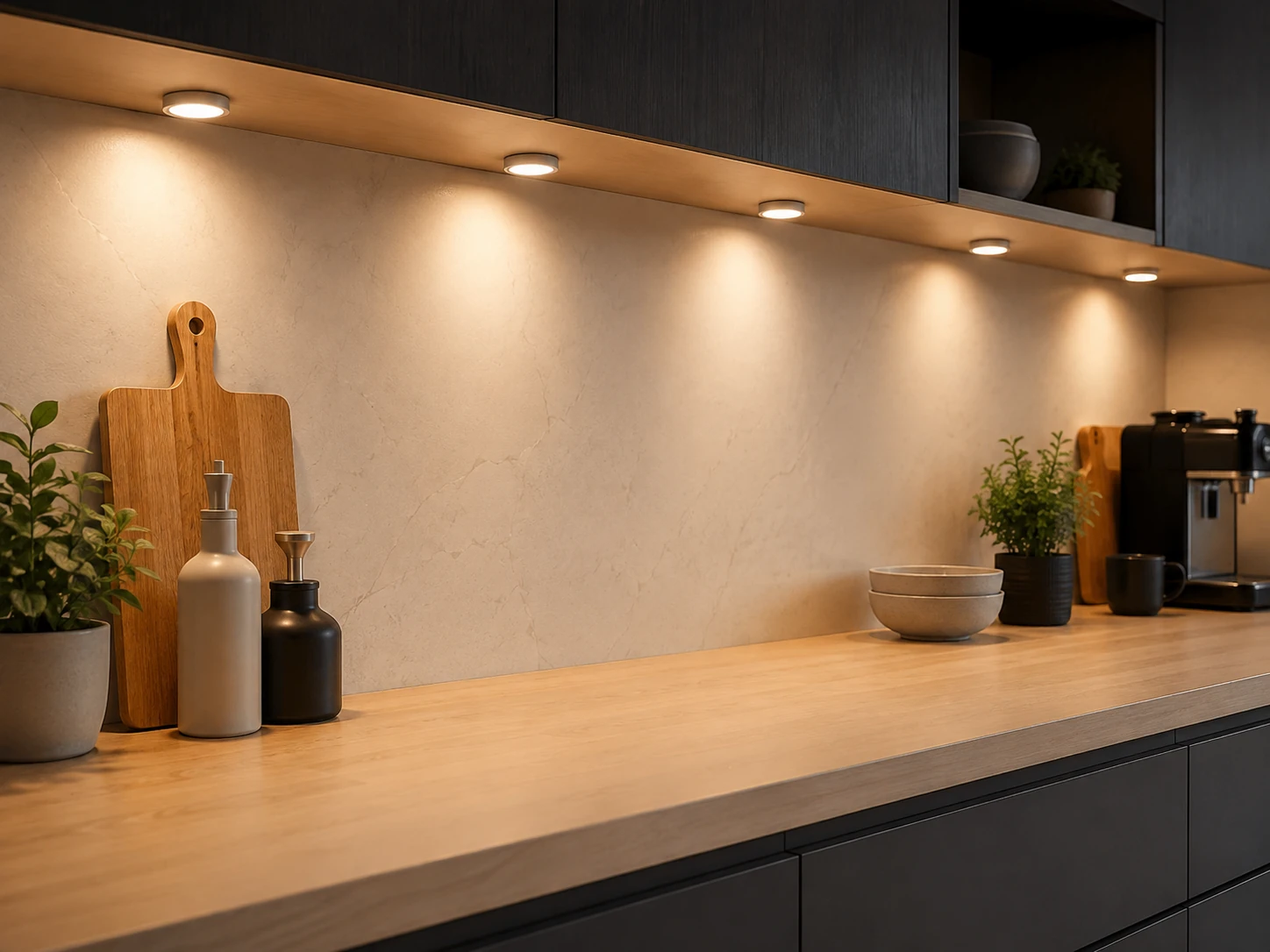 Kitchen under cabinet lighting application using LED puck lights