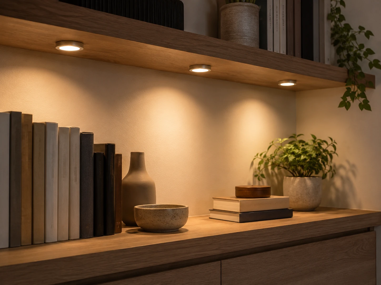 Open shelf lighting application using slim LED puck lights