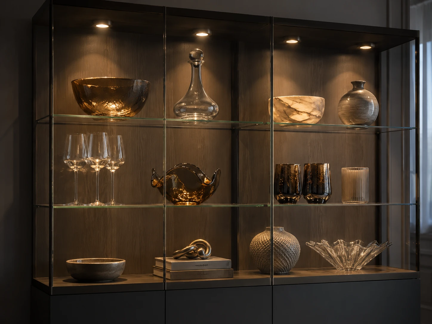 Display cabinet accent lighting with focused LED puck lights
