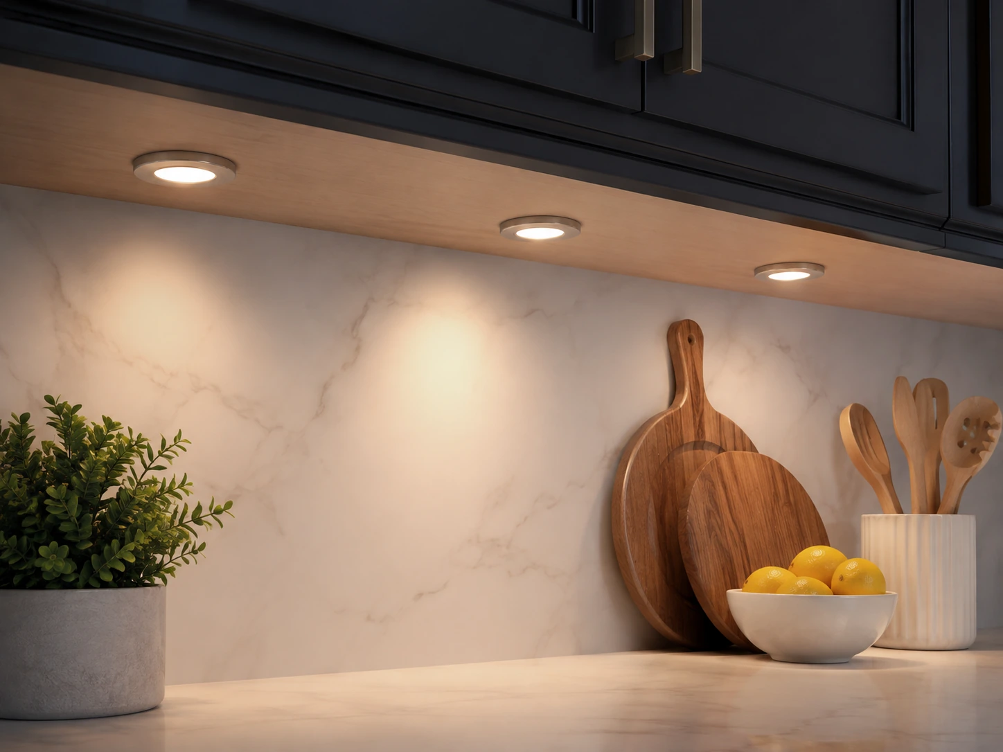 Cross section of a recessed LED puck light flush with the cabinet