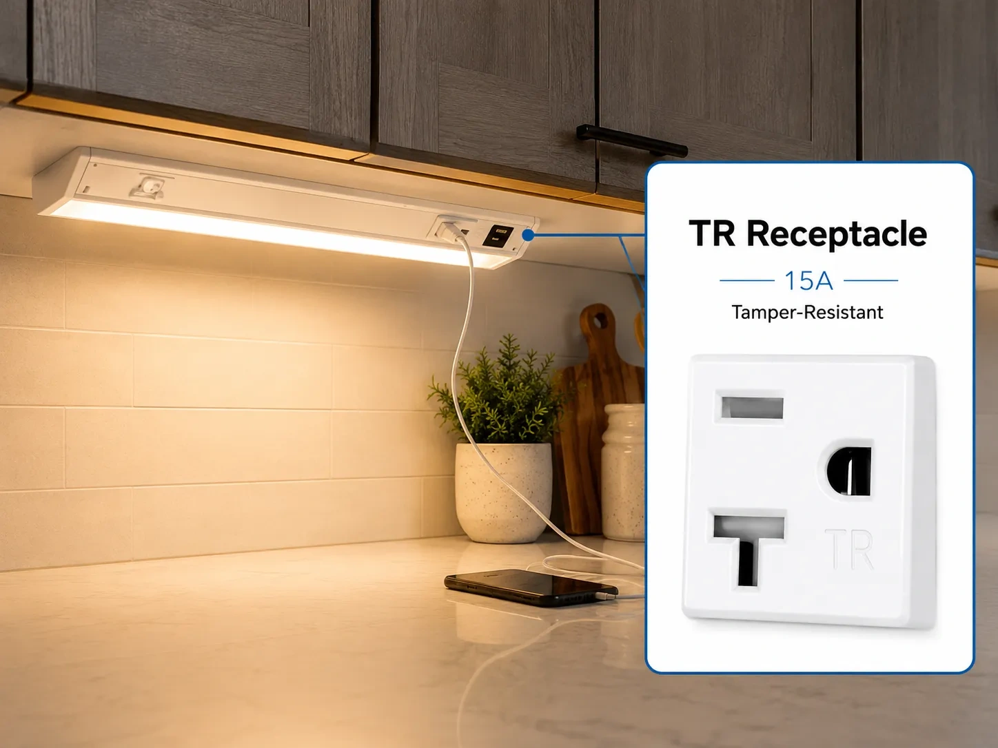 Under cabinet light with integrated USB charging ports and power outlet