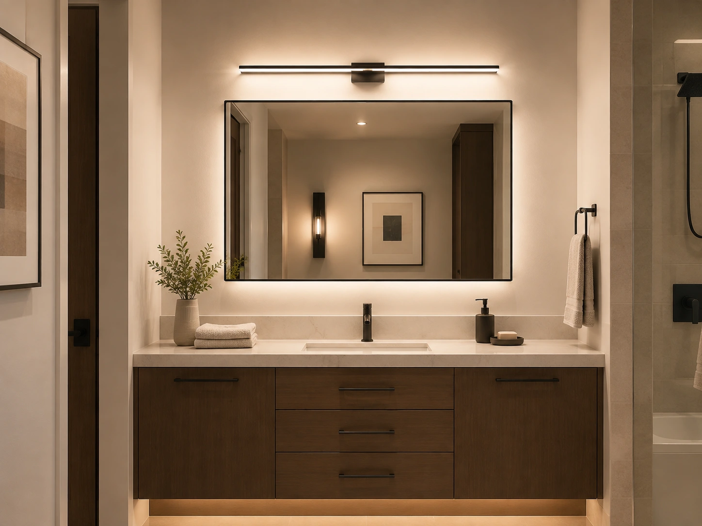 Modern bath vanity light and backlit LED mirror