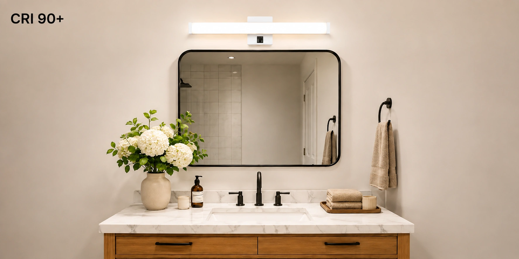 Bathroom mirror lighting illuminating face for makeup application