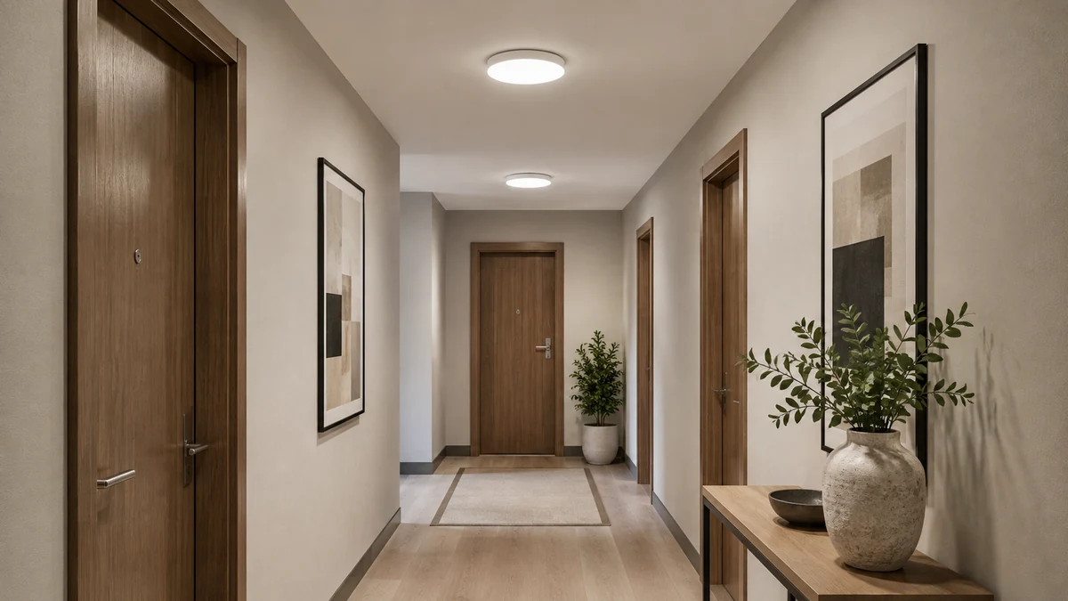 Low profile flush mount light in apartment hallway