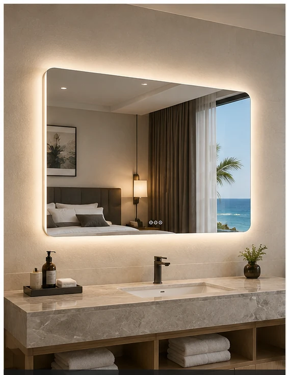 LED mirror in a luxury hotel bathroom