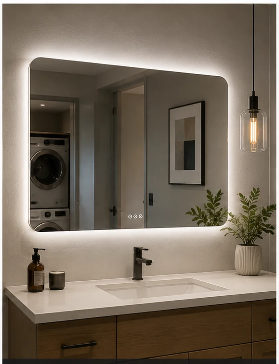 LED vanity mirror in an apartment bathroom