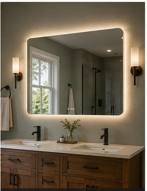 high end residential vanity with lighted mirror
