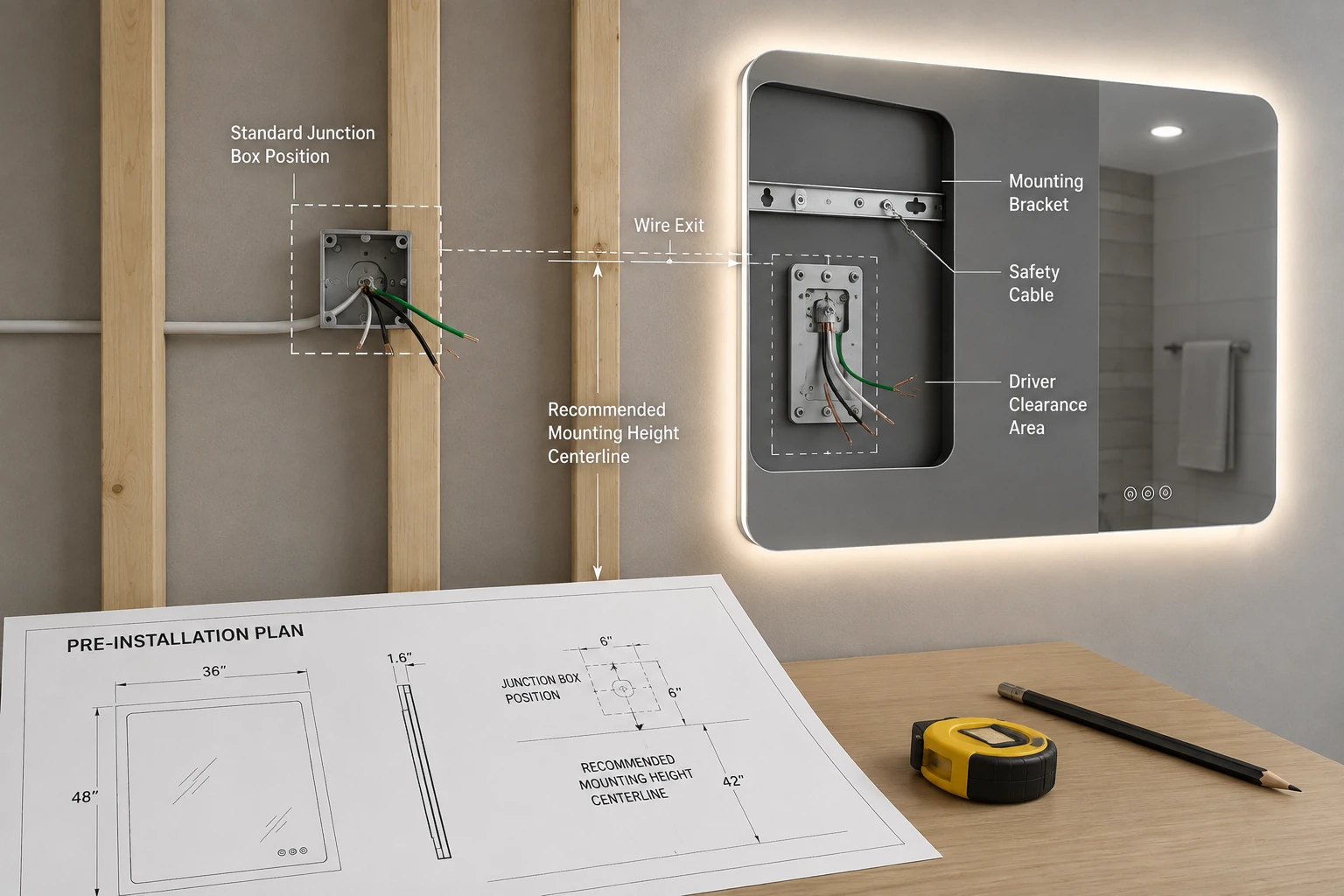hardwired LED mirror mounting structure and junction box position diagram