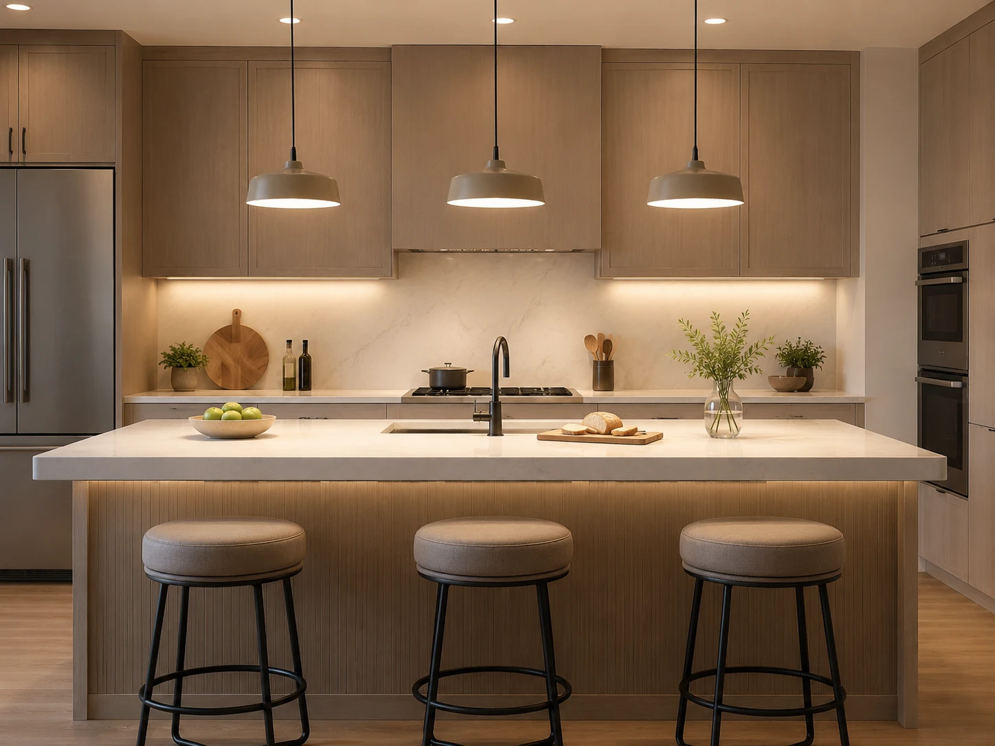 Comparison of poor light distribution versus proper continuous illumination on a kitchen island