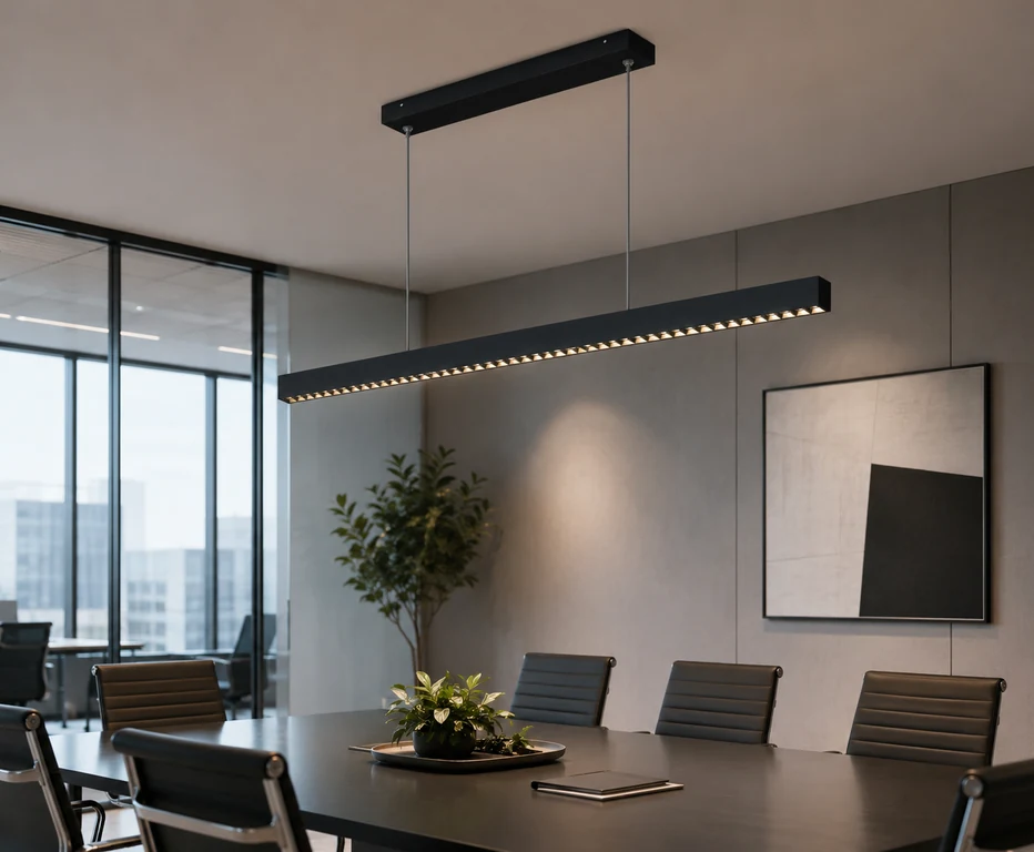 Linear LED pendant lights over a conference table