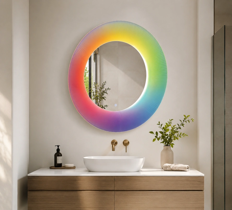 Smart Mirror installed in a hotel bathroom vanity