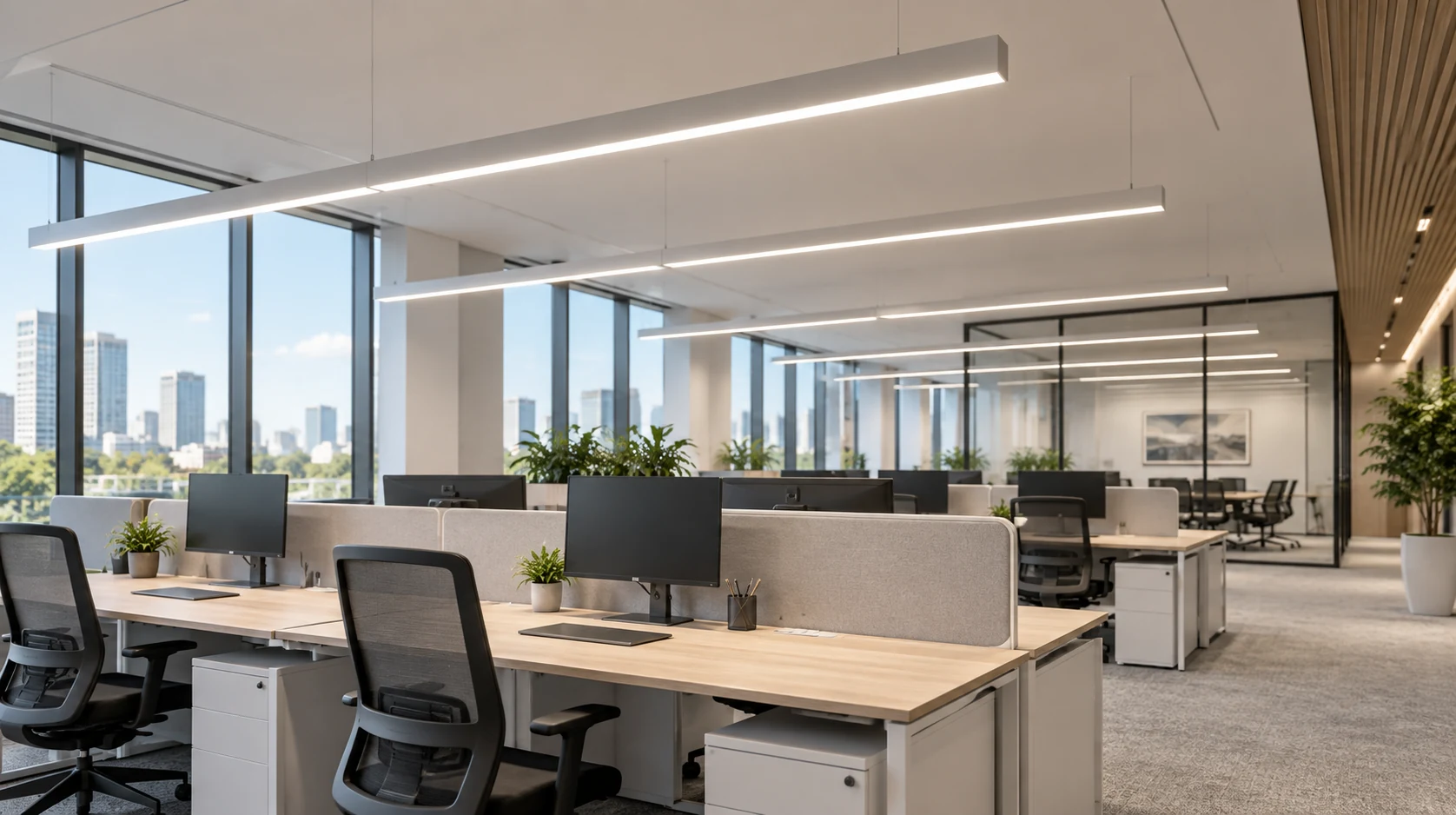 LED linear lighting installed over office workstations