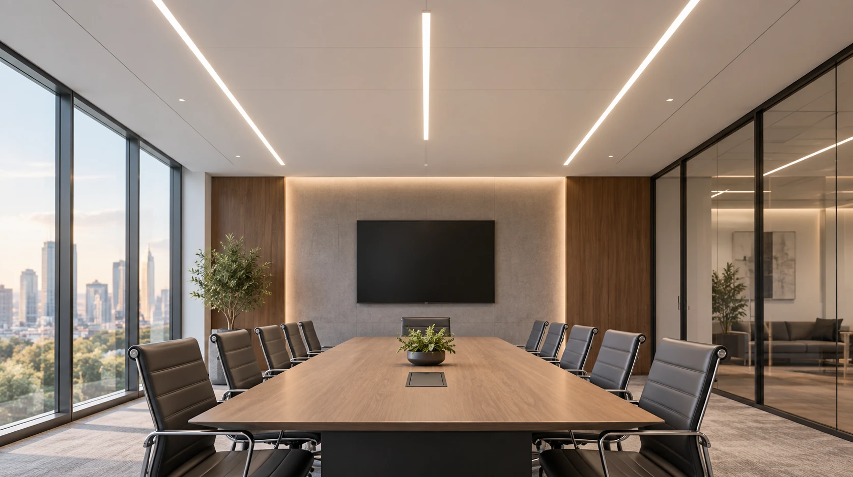 Suspended linear lighting in a corporate conference room