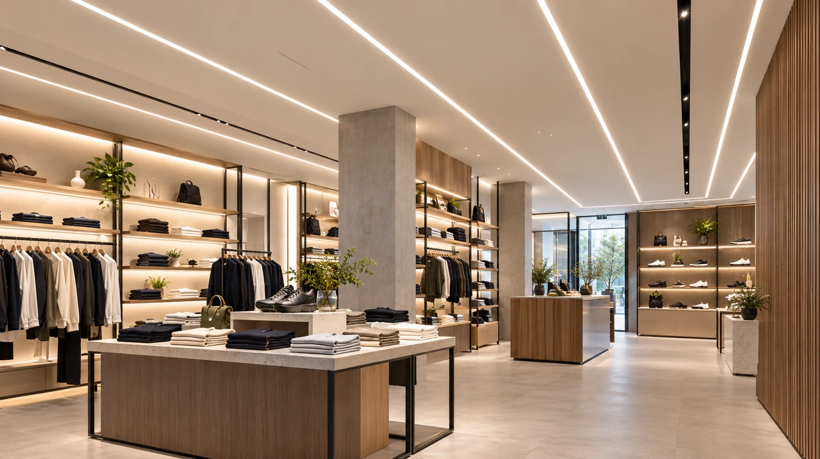 Continuous linear lighting creating architectural lines in retail space