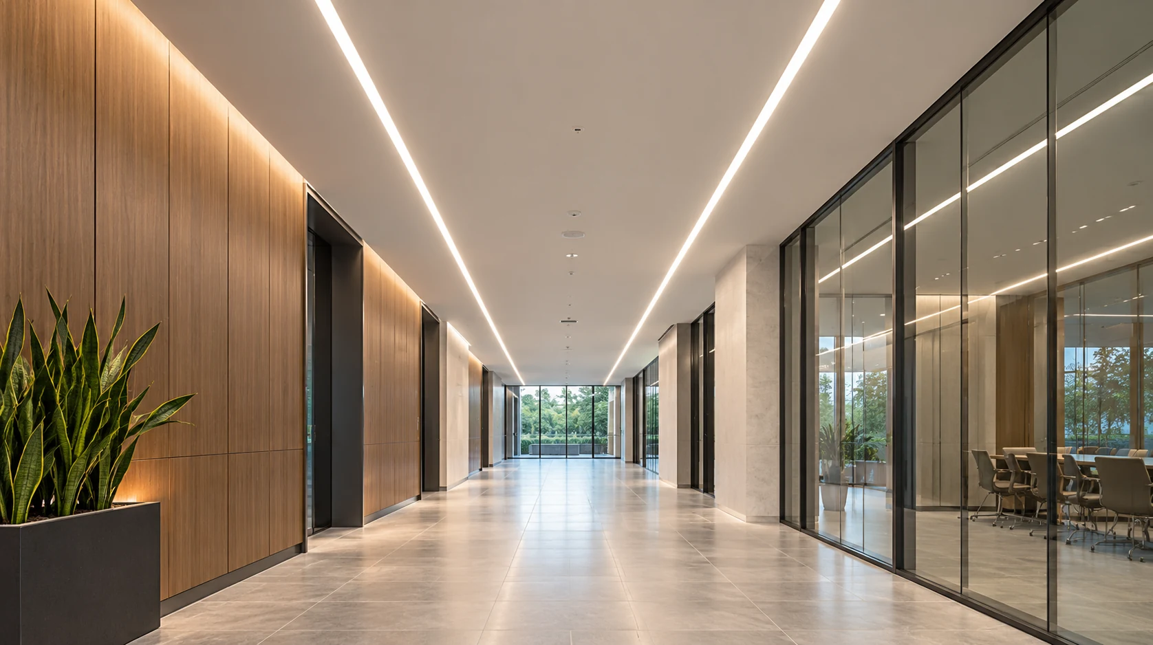 Long continuous recessed linear lighting in a commercial corridor