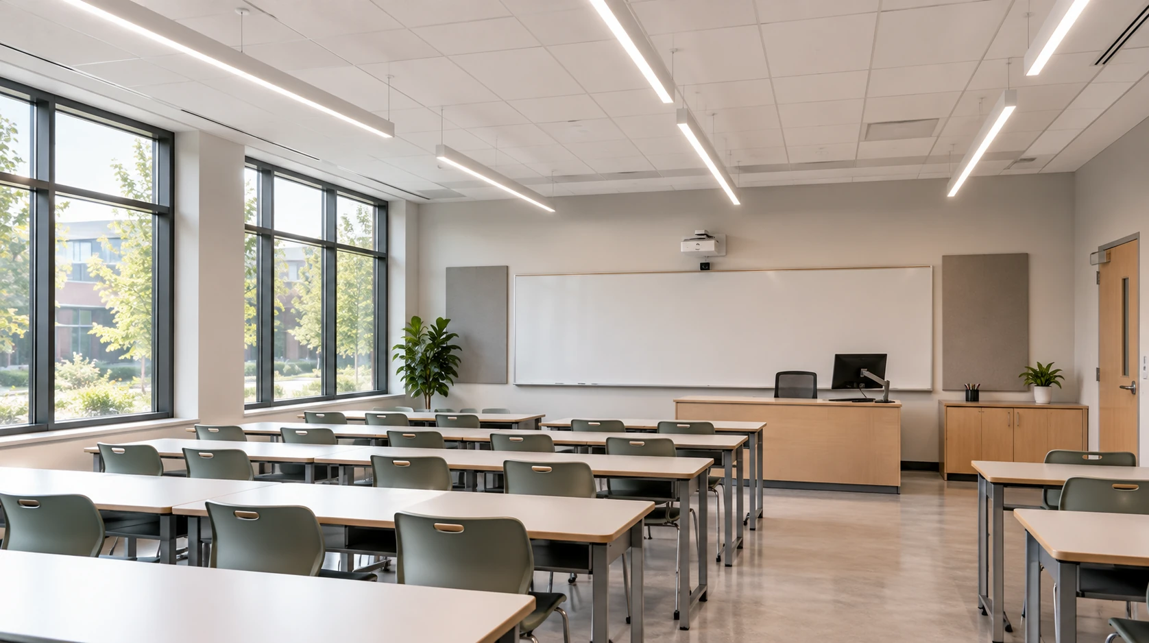 Low glare linear lighting in an educational classroom setting
