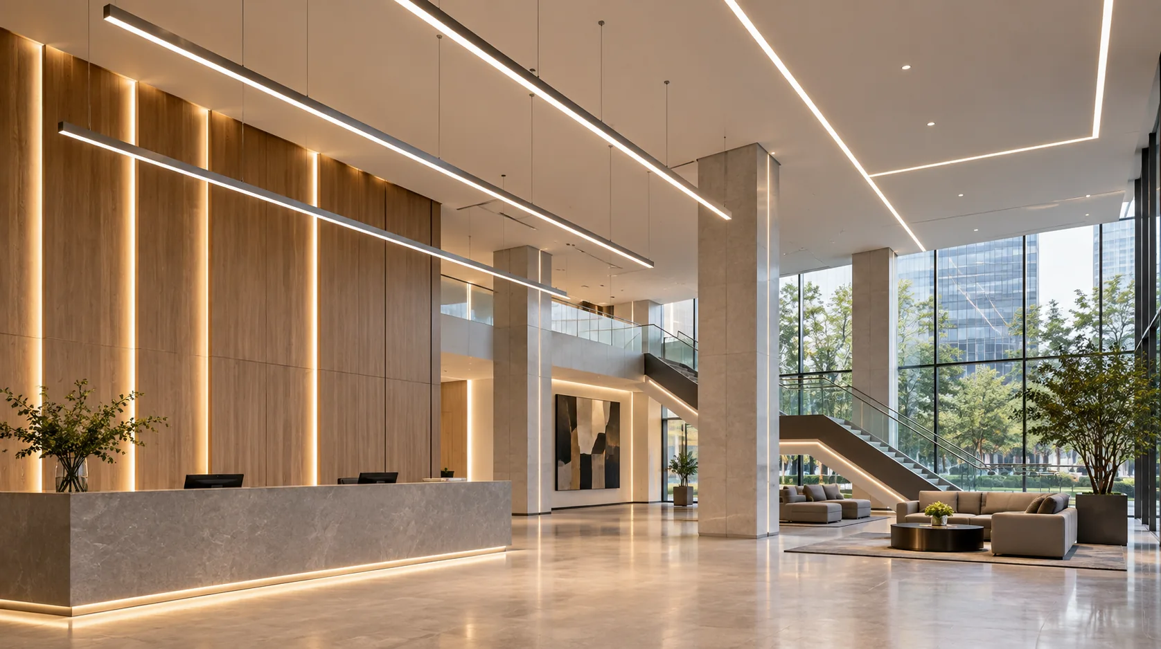 Architectural linear lighting in a commercial public lobby