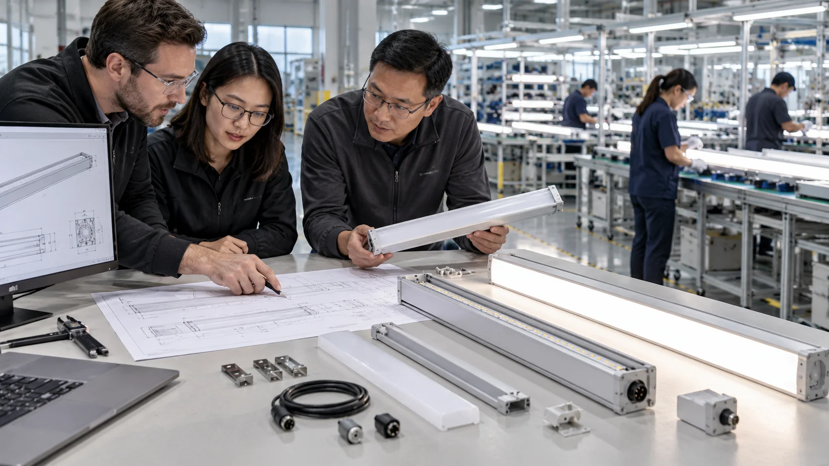 Engineering team reviewing LED linear fixture drawings and prototypes