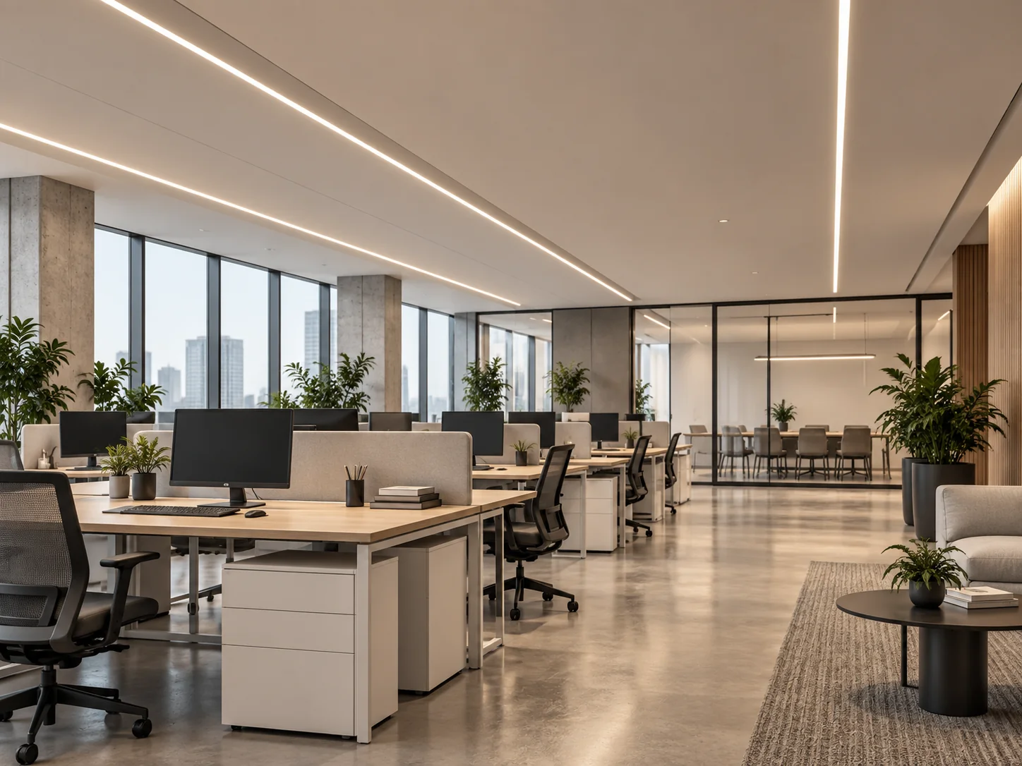Comfortable low glare LED linear lighting in a modern office